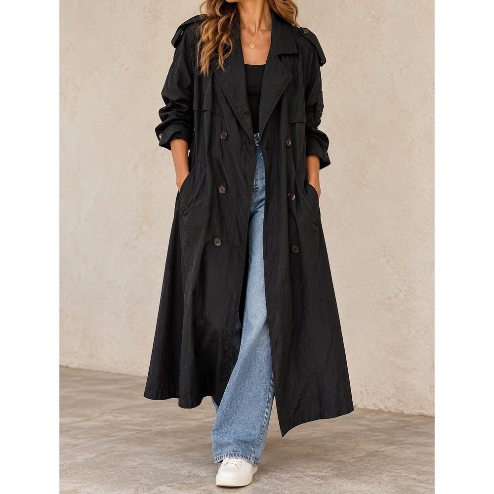 Vintage Tiger Fox Black Nylon Trench Coat Double Breasted Long Duster Jacket XS